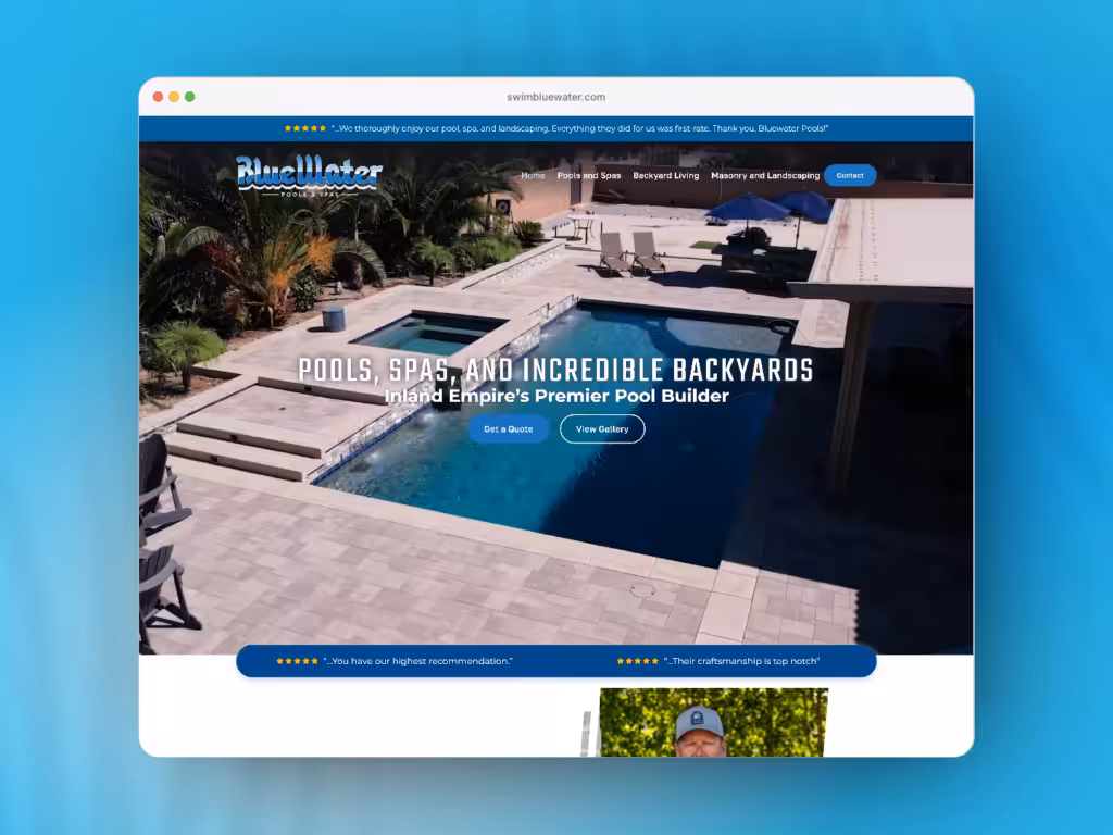 Blue Water Pools website, designed and built by Surefaze