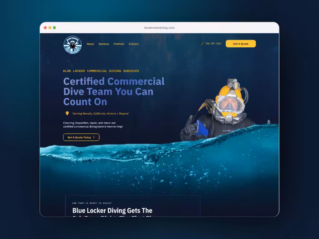 Bluelockerdiving website, designed and built by Surefaze